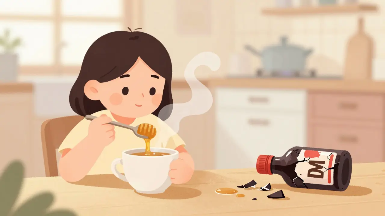 Person safely using honey and steam for cough relief, broken cough bottle on floor.