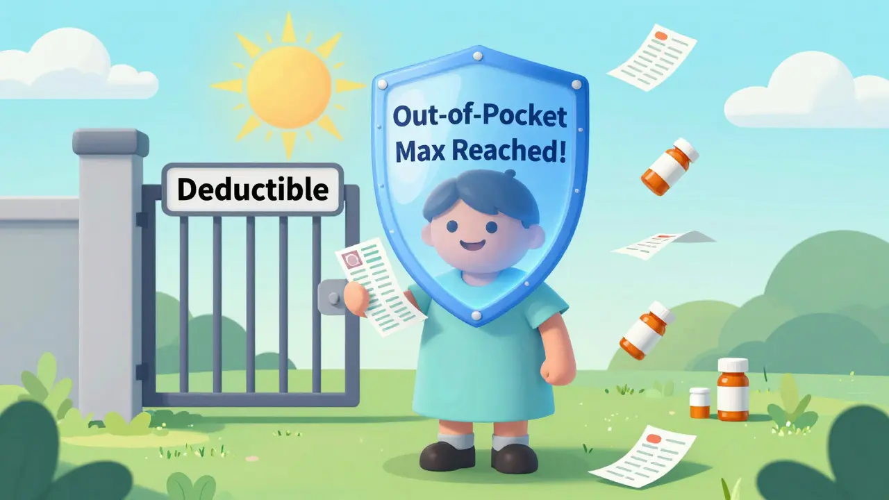 Person smiling under a glowing shield labeled 'Out-of-Pocket Max Reached!' while a deductible gate remains closed behind them.