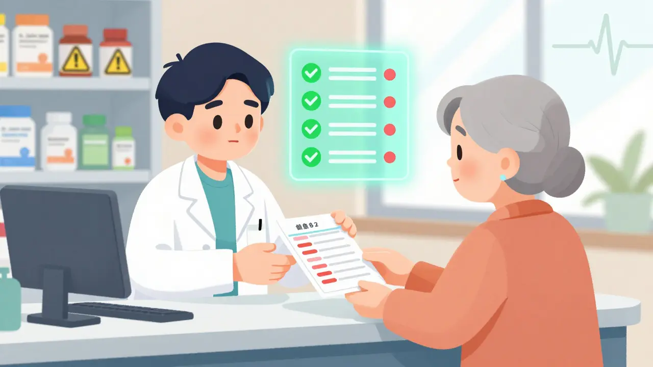 Pharmacist giving a medication list to an older woman, with an AI screen showing drug interaction alerts in the background.