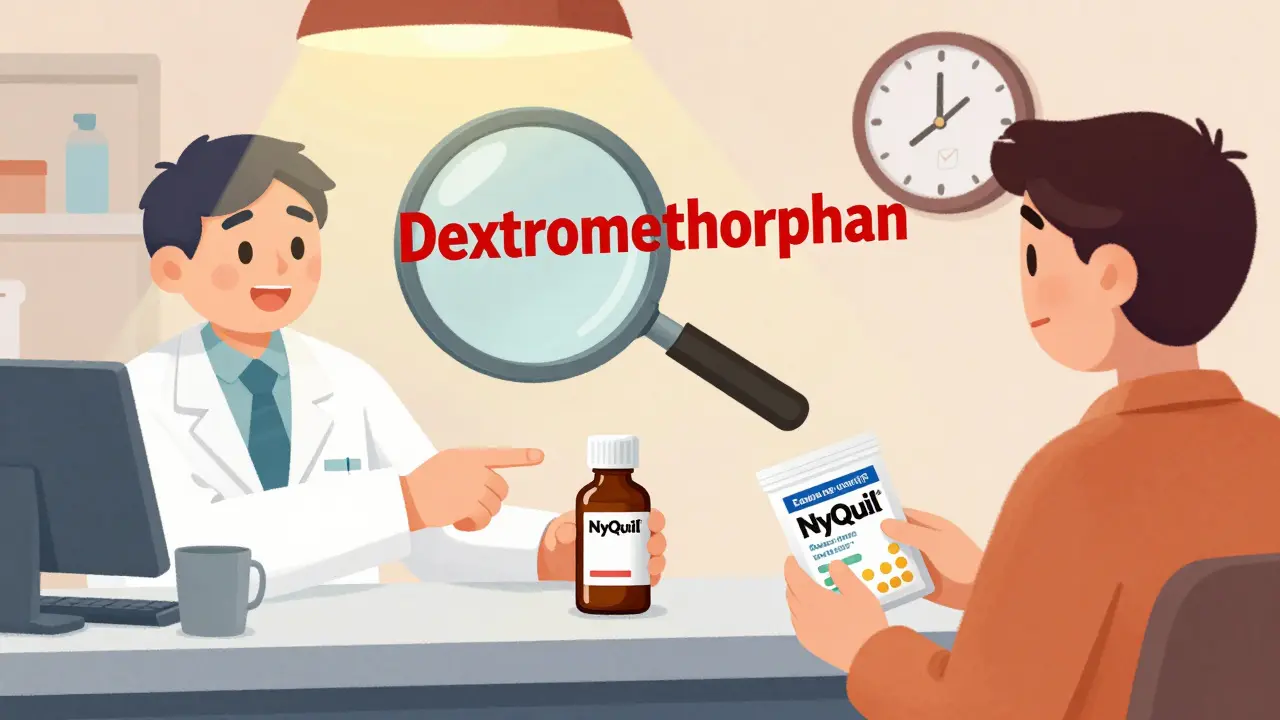 Pharmacist pointing out dextromethorphan label to patient with multiple medication bags.