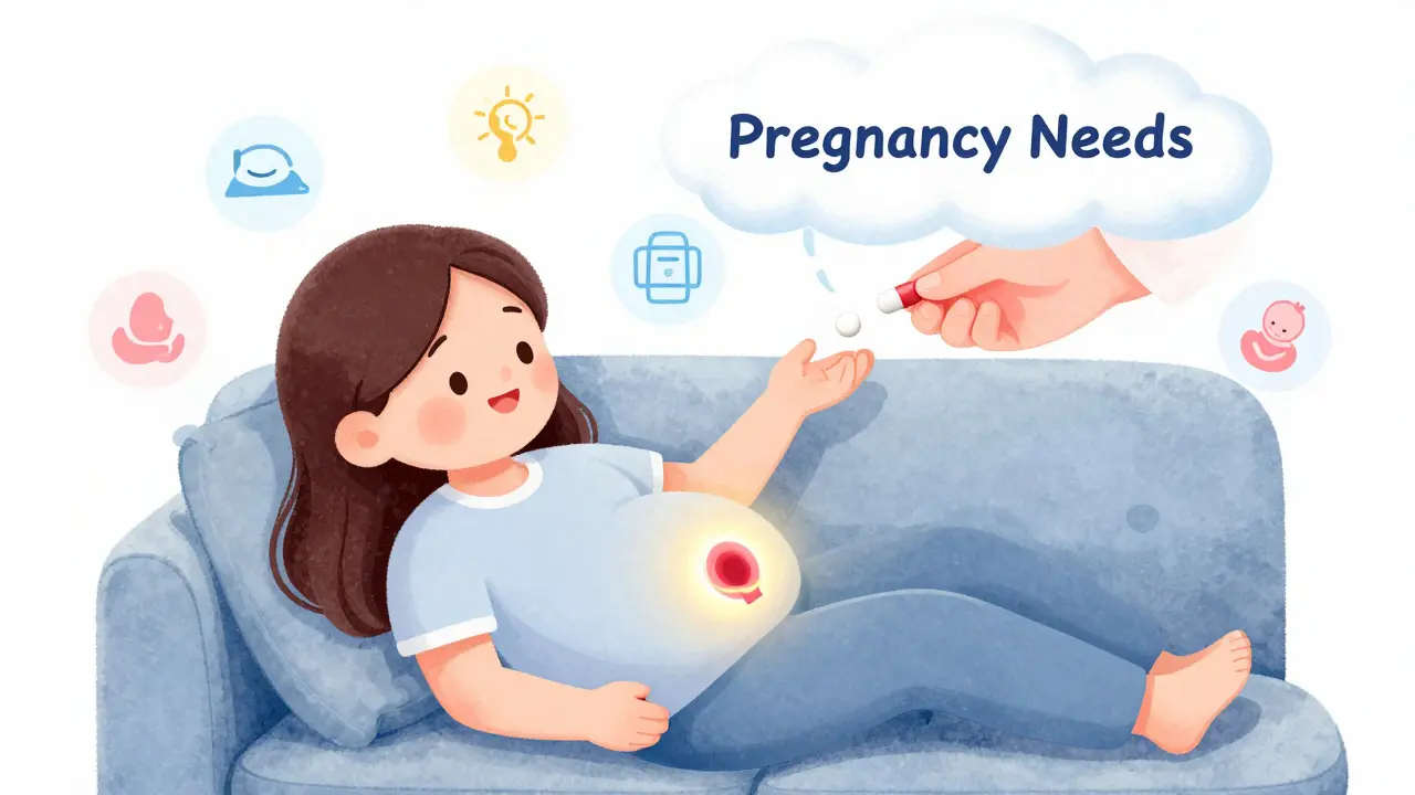 Pregnant woman with glowing baby bump and floating levothyroxine pill, symbols of energy and sleep nearby.