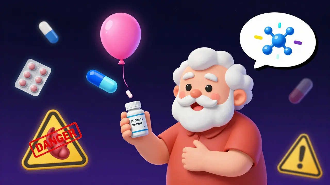 Senior holding St. John’s wort as meds float away, serotonin molecules exploding.