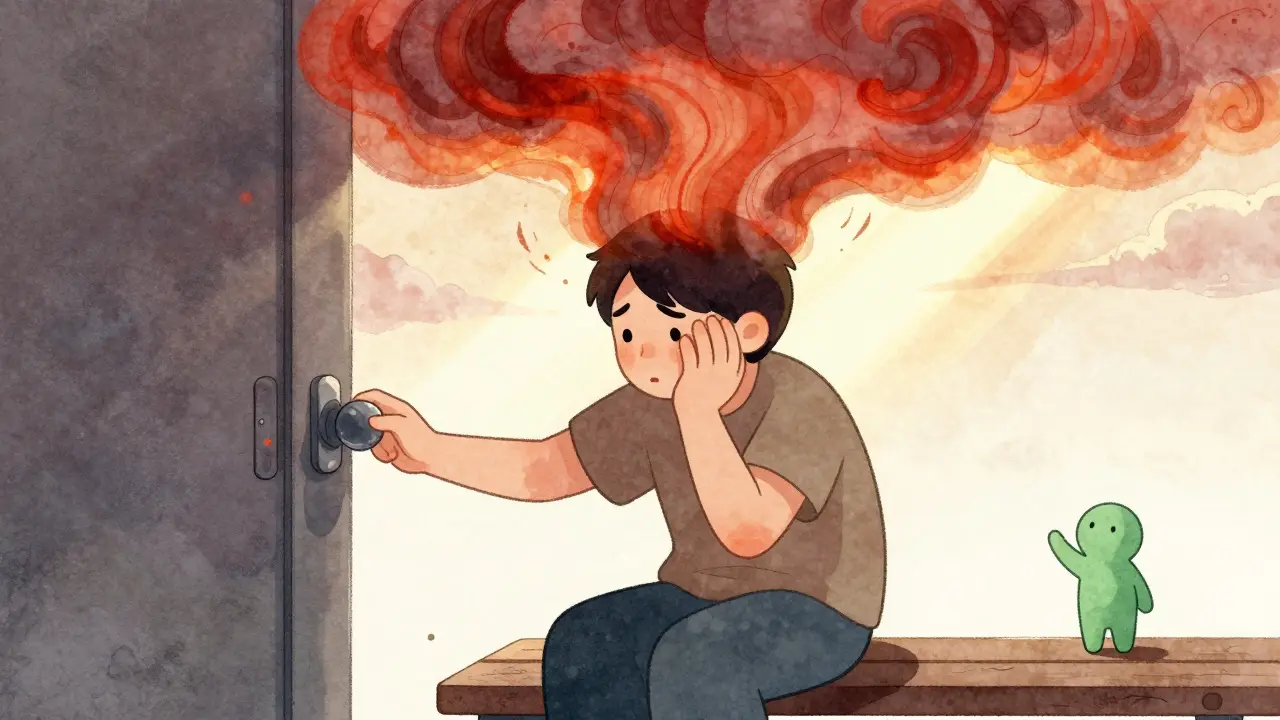 Someone on a bench touching their face while anxiety swirls above them, with a calm future self offering hope.