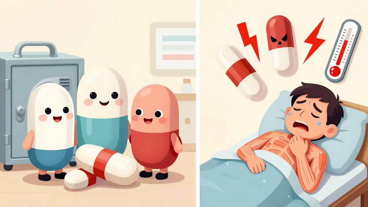 Split illustration: safe pain medications smiling beside a calm patient vs. dangerous ones with lightning bolts looming over a trembling person.