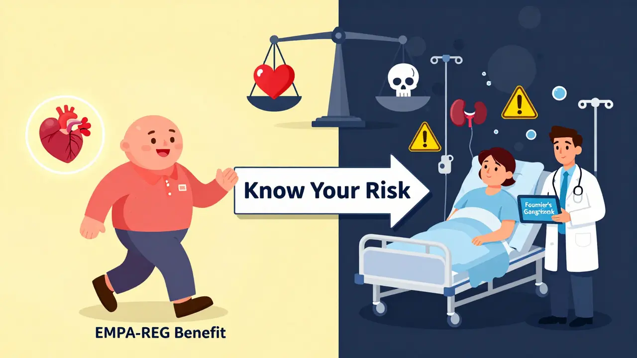 Split scene: healthy patient with heart/kidney benefits vs. hospitalized patient with infection warnings