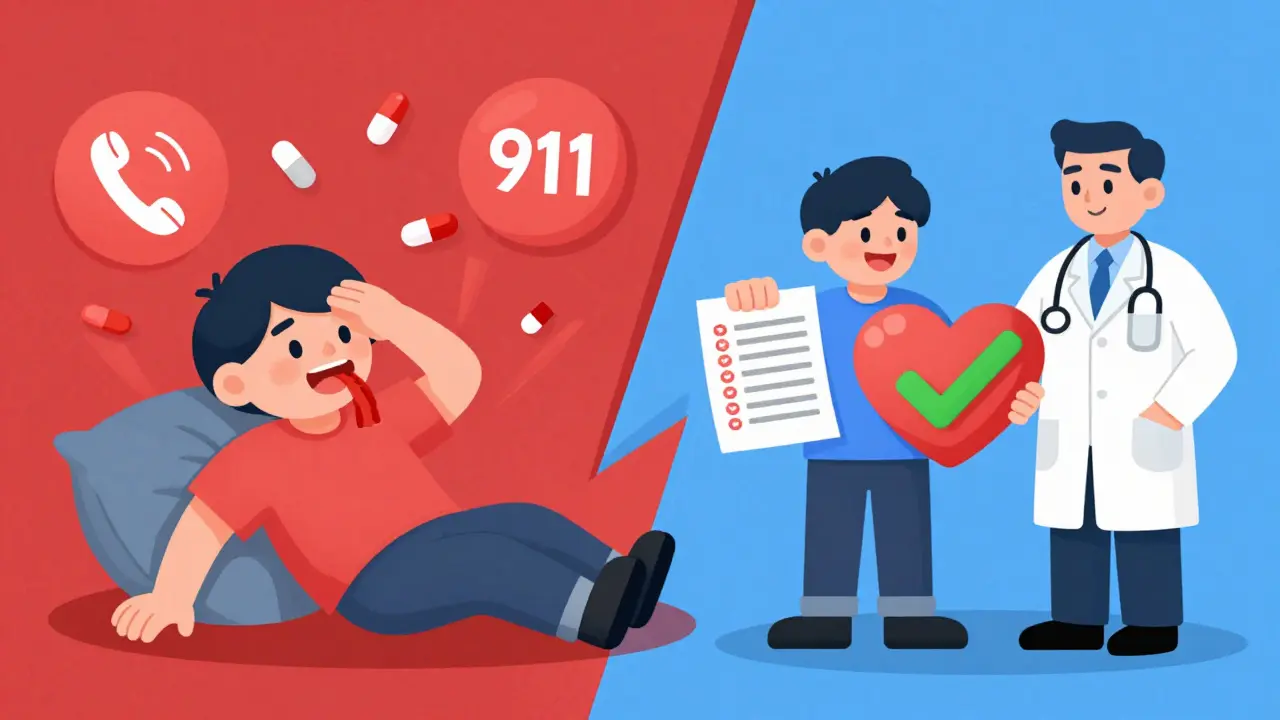 Split scene: one side shows a person in medical distress from drug interactions, the other shows them safe with a medication list and doctor.