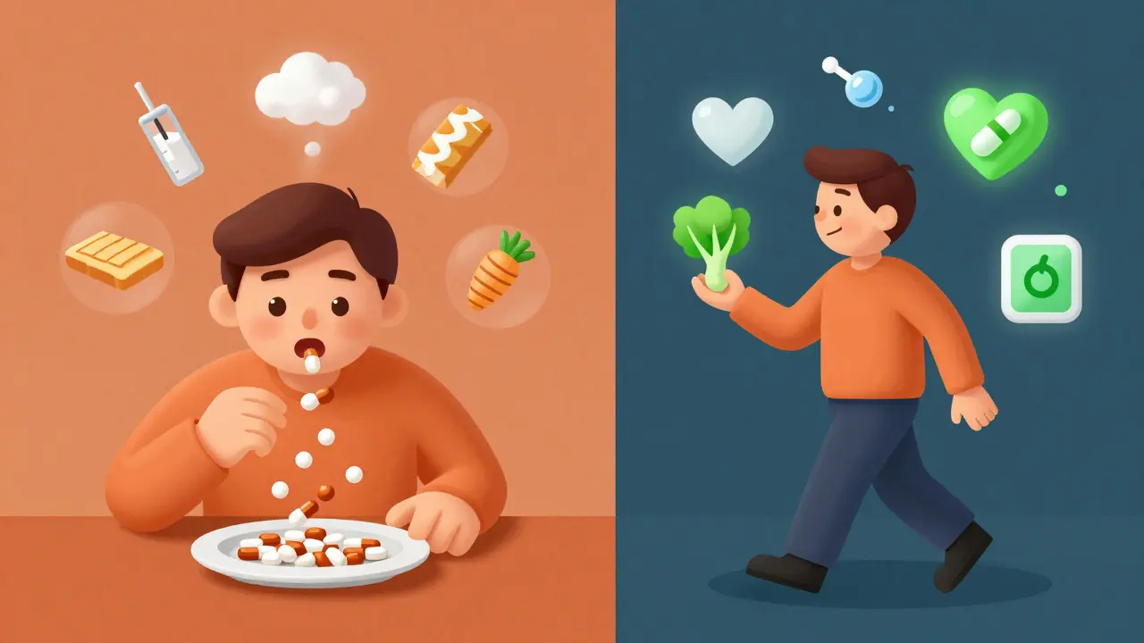 Split scene: one side shows unhealthy eating with risky meds, the other shows healthy choices with safer meds.