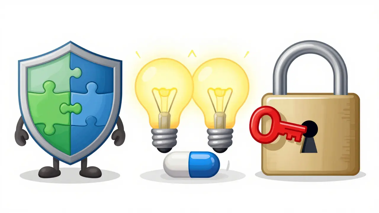 Three cartoon scenarios showing drug interactions: synergy, addition, and antagonism.