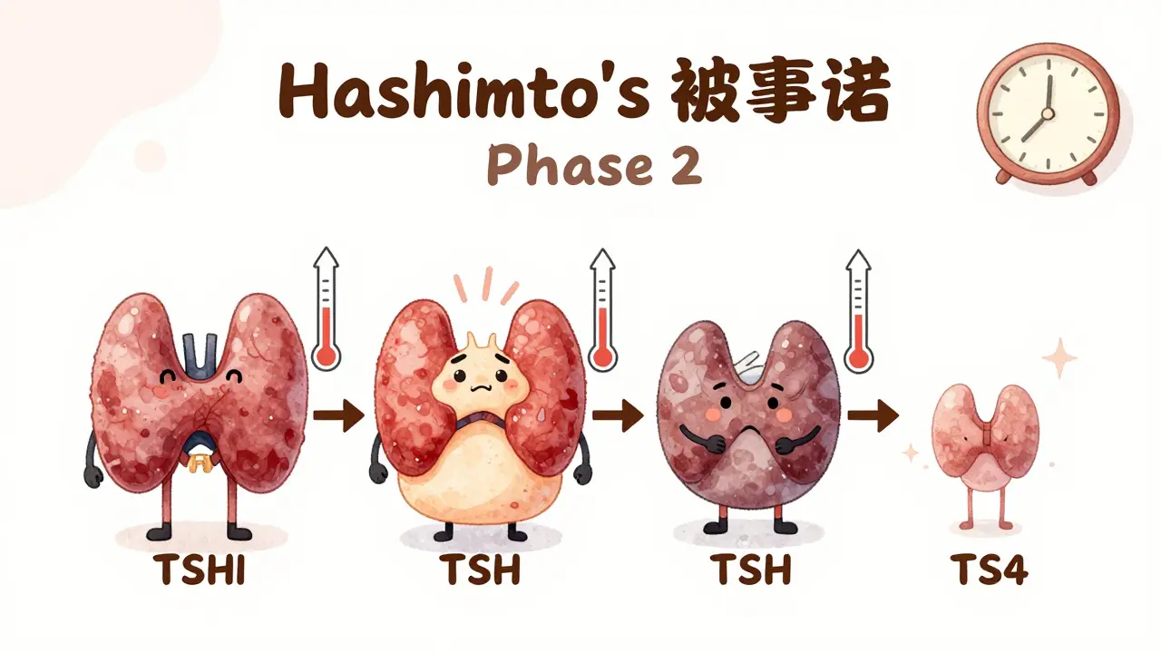 Timeline of Hashimoto's phases with changing thyroid shapes and rising TSH arrows