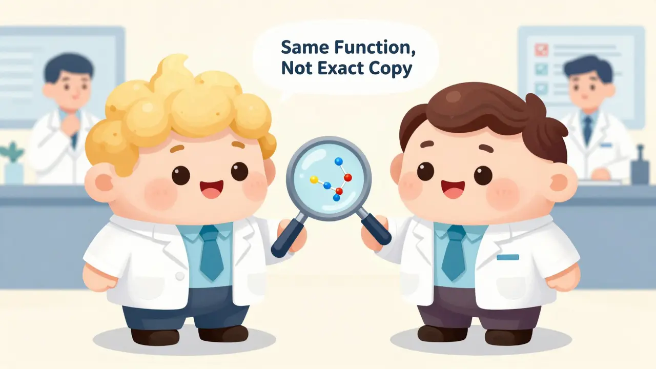 Two similar biologic drug batches with subtle differences, compared under a magnifying glass.