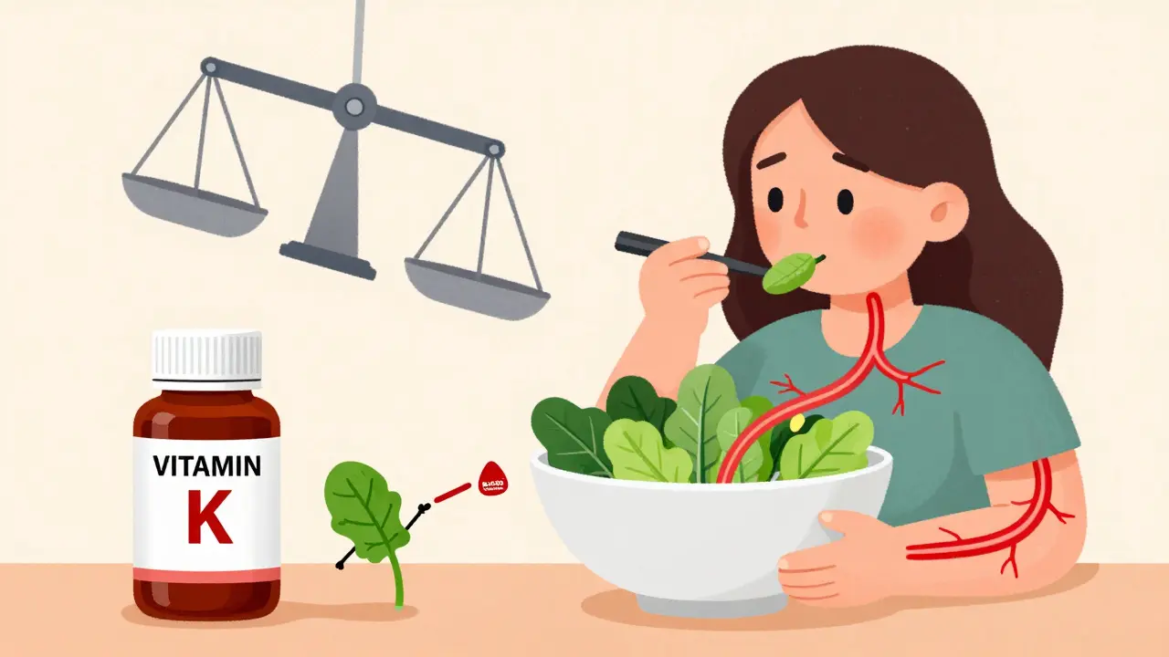 Woman eating salad with warfarin bottle, blood vessels thickening from vitamin K.