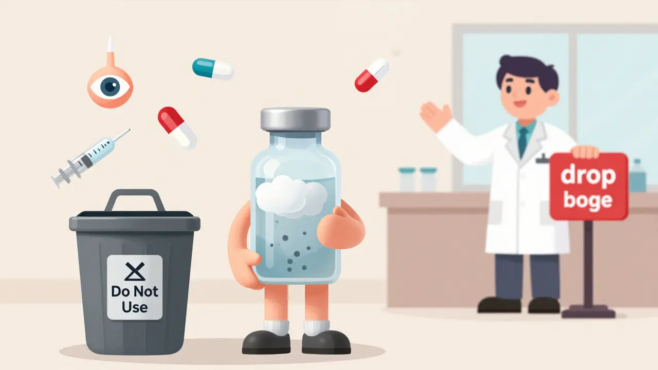 A cloudy liquid medicine bottle held next to a trash bin, with a pharmacist pointing to a take-back sign.