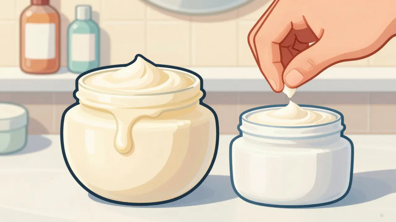 A cream jar splitting into oily and solid layers, with a person testing its texture beside a fresh jar.