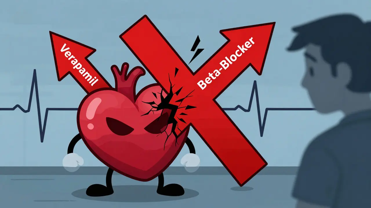 A damaged heart with clashing red arrows from verapamil and beta-blocker, sparking and showing a flatline ECG.