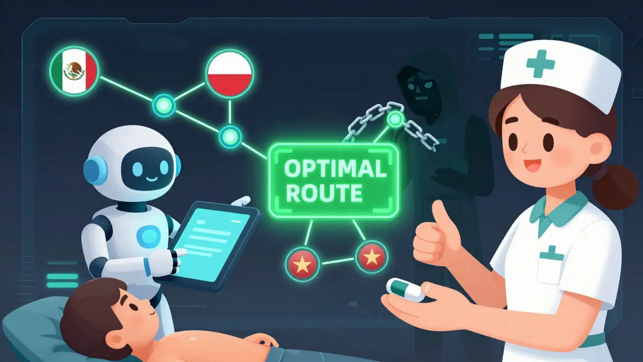 A digital supply chain dashboard shows routes from Mexico, Poland, and Vietnam to a hospital, with an AI guiding a nurse.