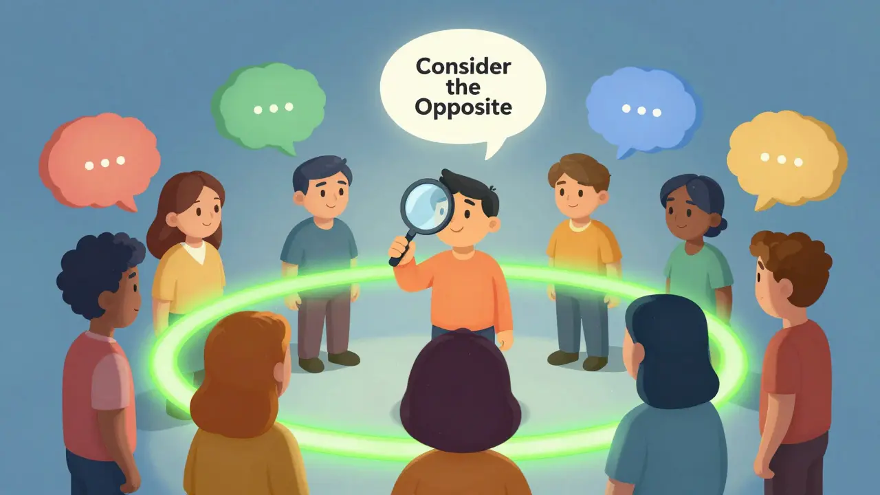 A group of diverse people in a circle, one using a magnifying glass to connect opposing viewpoints, symbolizing open-minded thinking.