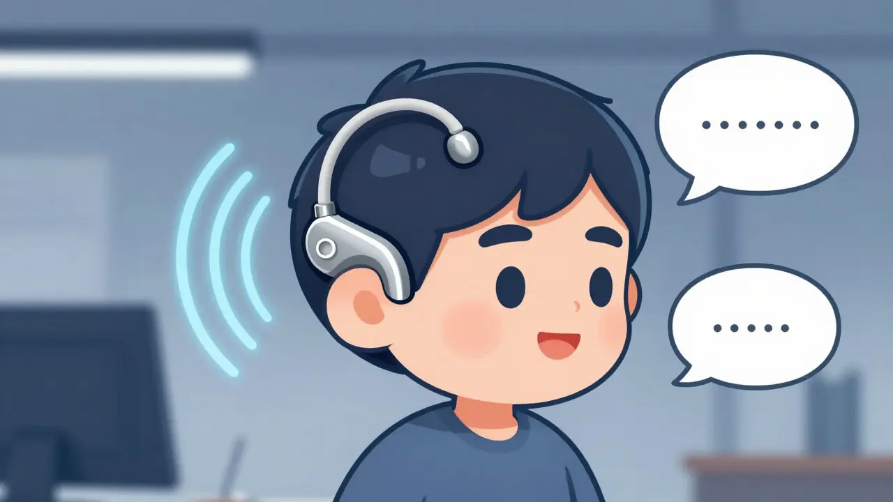 A person with a bone-anchored device, sound vibrating through skull bone to the inner ear, unaffected by surrounding noise.