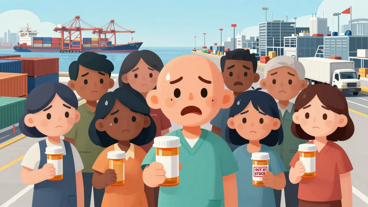 Diverse patients hold prescription bottles, some empty, as factories in Asia and Mexico operate in the background.