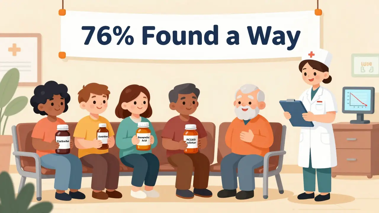 Diverse patients in a clinic hold non-statin medications, with a banner showing high success rates.