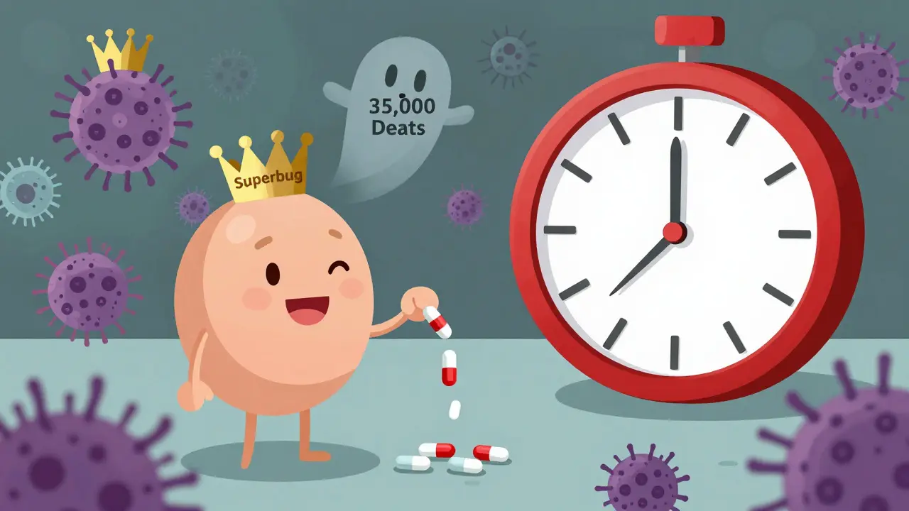 Person discarding antibiotics as bacteria grow into superbugs with crowns.