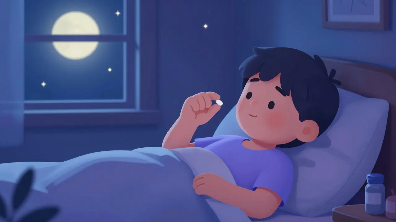 Person taking melatonin before bed with moonlit window, peaceful sleep