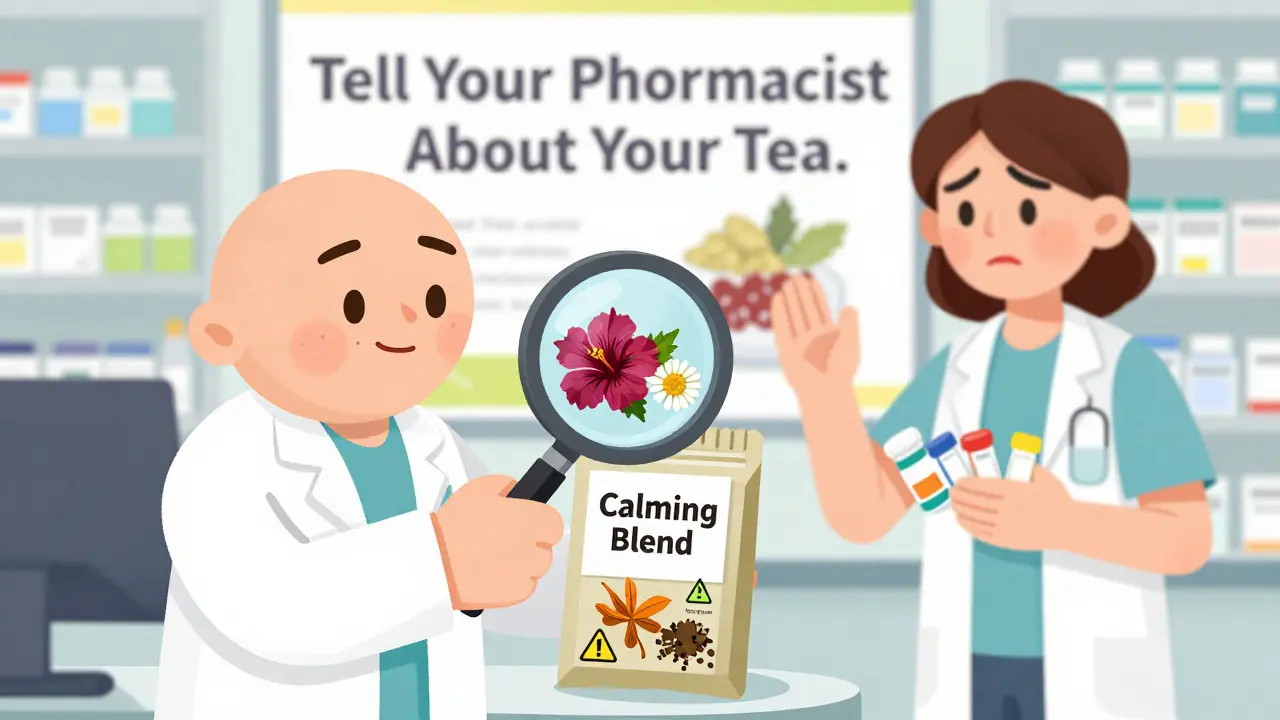 Pharmacist examining a tea blend packet revealing hidden herbs with warning symbols.