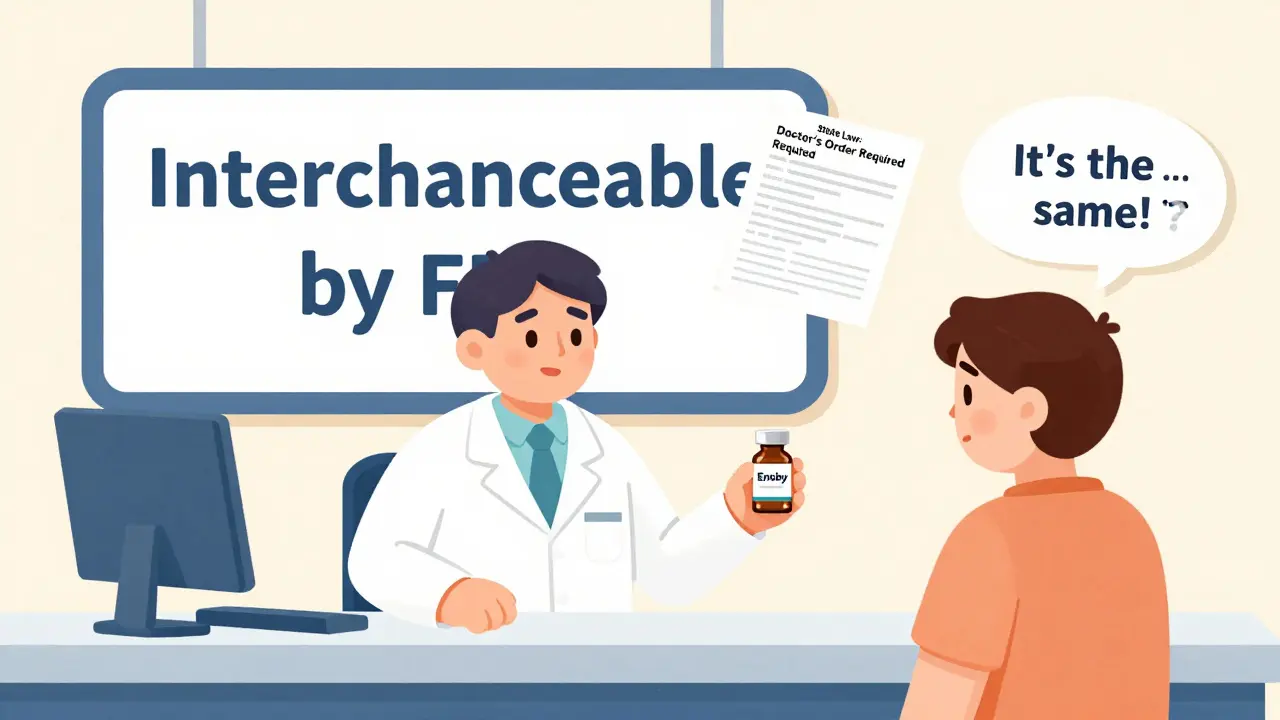 Pharmacist giving a biosimilar to a confused patient amid conflicting legal signs.