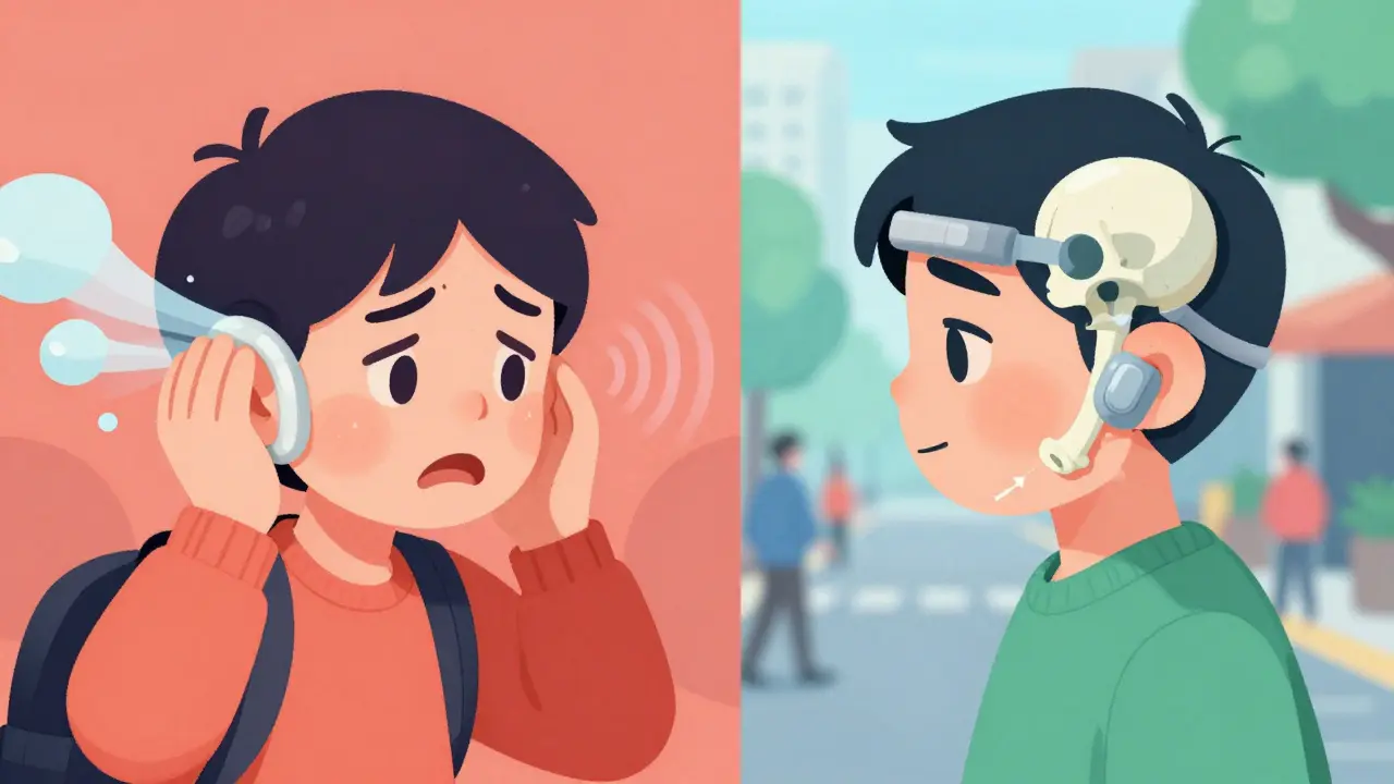 Side-by-side comparison: one person overwhelmed by CROS noise, another calm with BAHD, showing how each system handles sound.