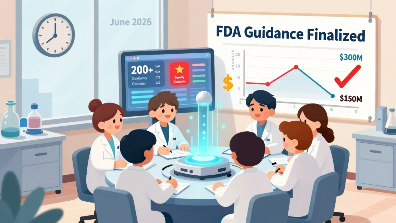 Small biotech team analyzing molecular data with cost and timeline indicators in background.