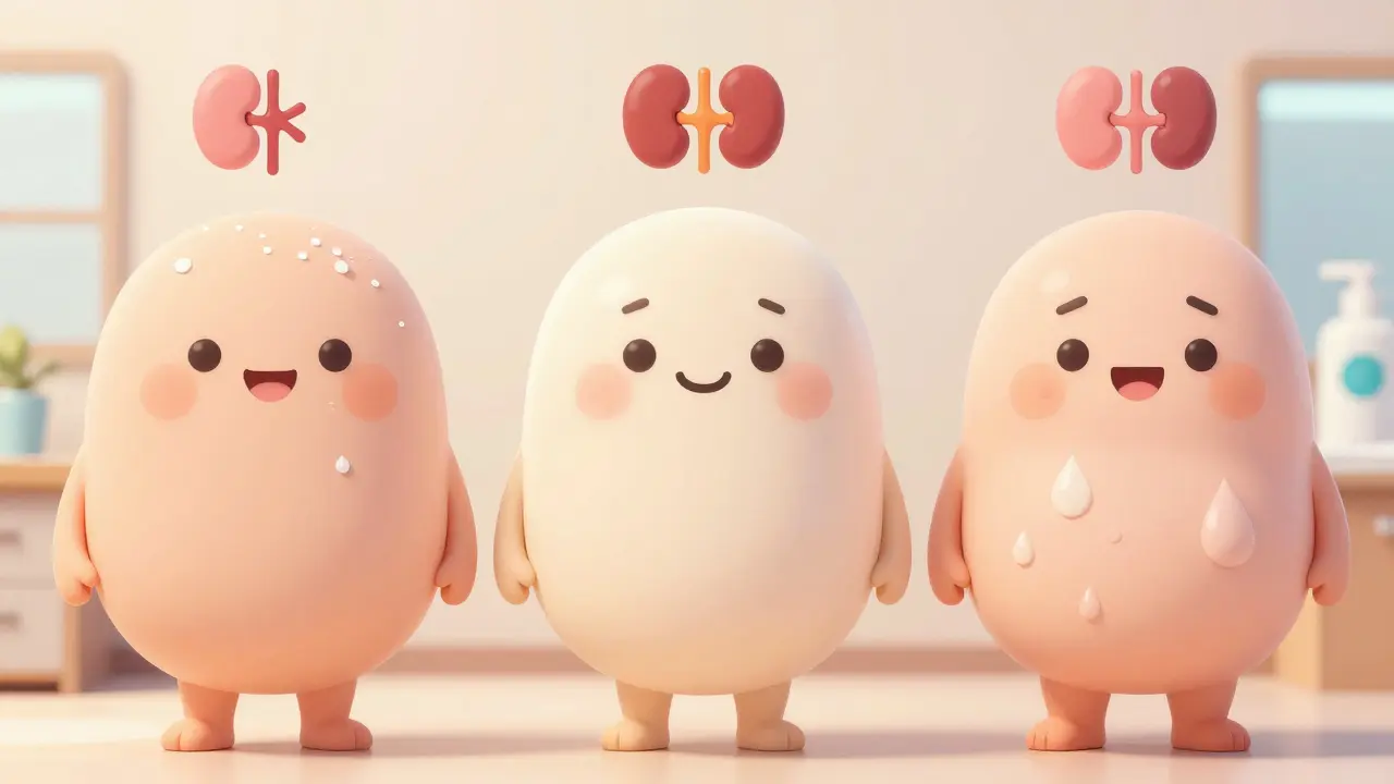 Three patients showing different hyponatremia types in rounded cartoon style.