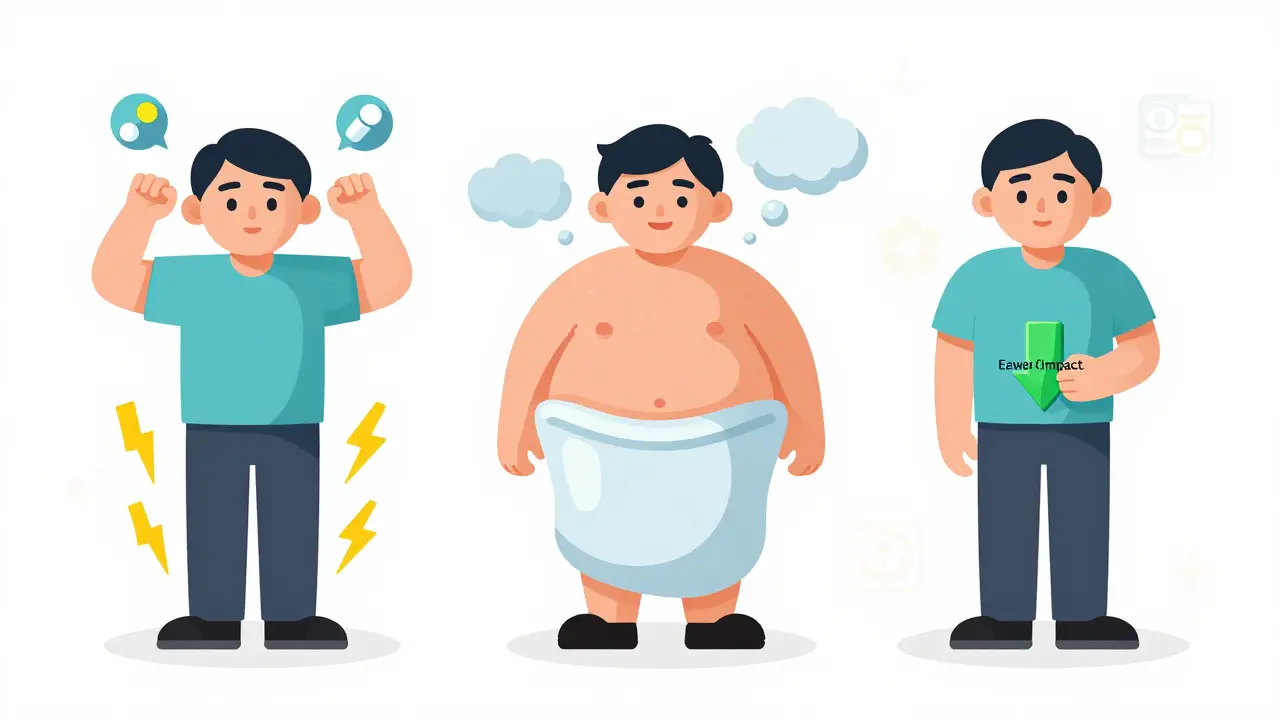 Three people comparing cholesterol drugs: ezetimibe has the least gastrointestinal side effects.