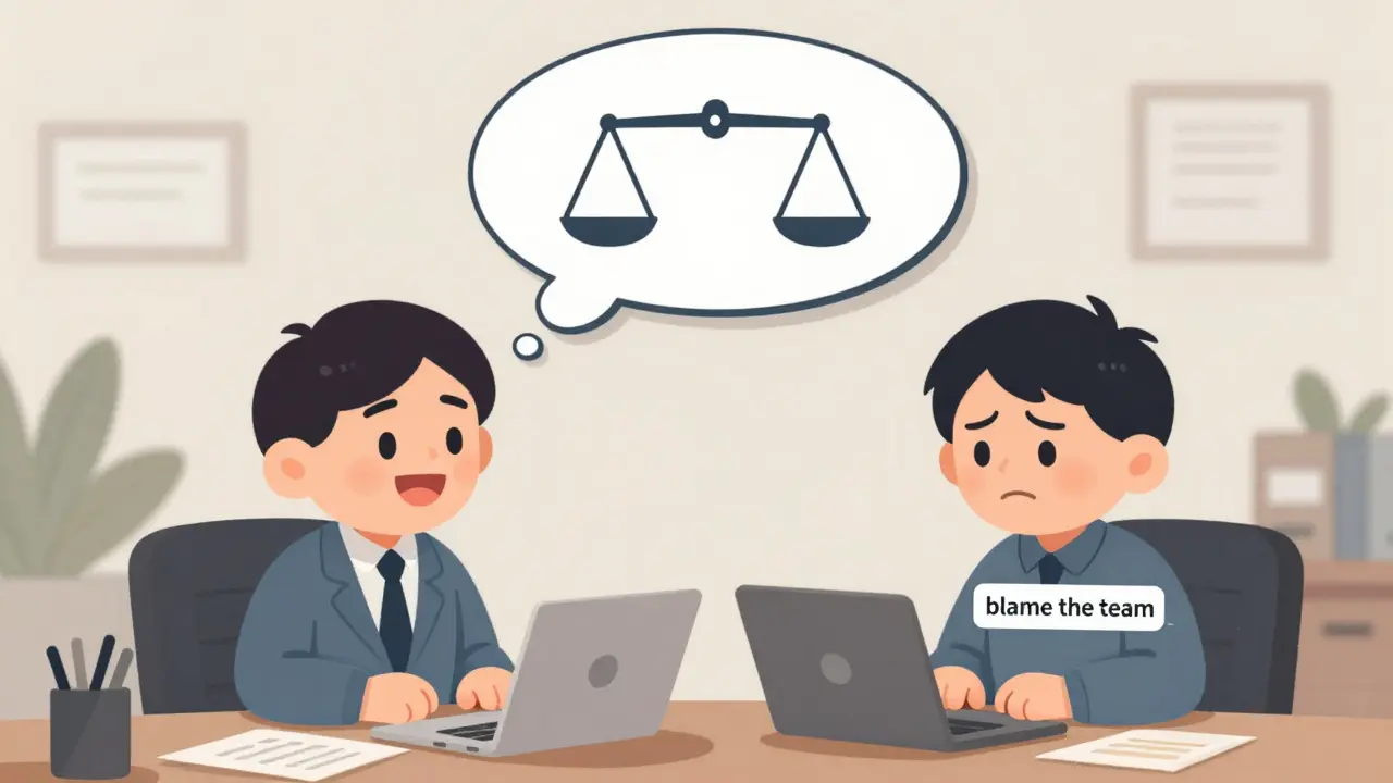 Two colleagues in a meeting, one taking credit while the other is blamed, with a floating scale showing self-serving bias.