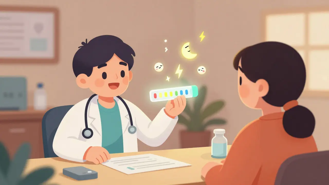 A doctor and patient reviewing a genetic test that predicts how antidepressants affect sleep.