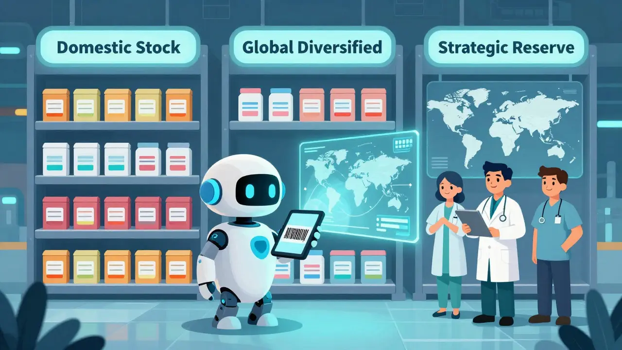 A futuristic warehouse with three shelves for domestic, global, and reserve drugs, an AI robot scanning barcodes and projecting a disruption map.