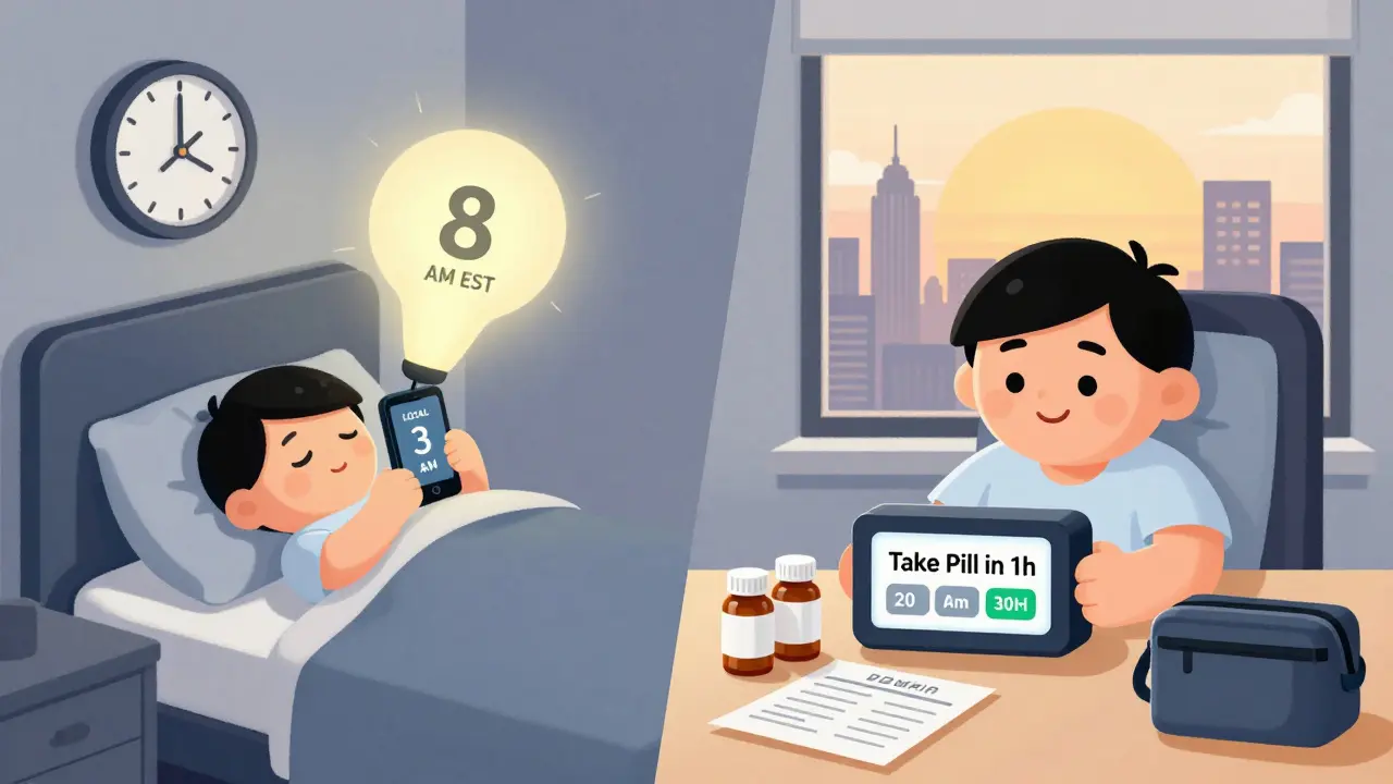 A person compares a confusing alarm with a simple countdown timer while traveling abroad.