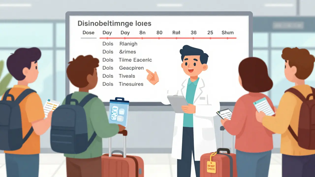 A pharmacist explains medication schedules to travelers at an airport with a visual timeline.