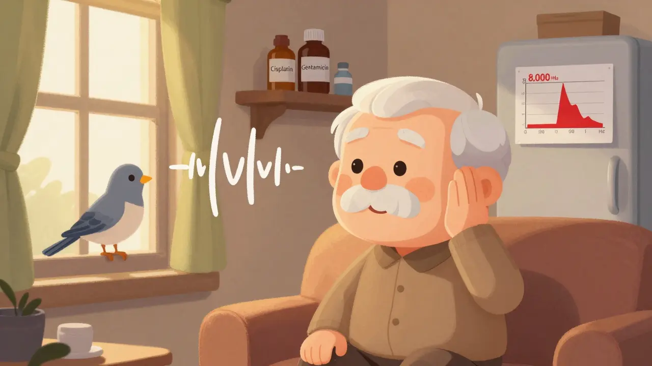 An elderly man noticing ringing in his ear, with ototoxic medications visible on a shelf behind him.