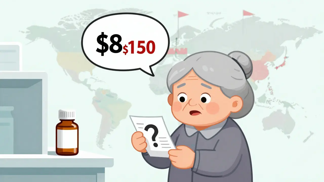 An elderly woman stares at a pharmacy shelf with one remaining pill bottle, price jumping from  to 0.