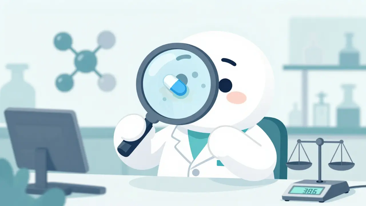 Cartoon scientist examining a pill with a magnifying glass in a lab