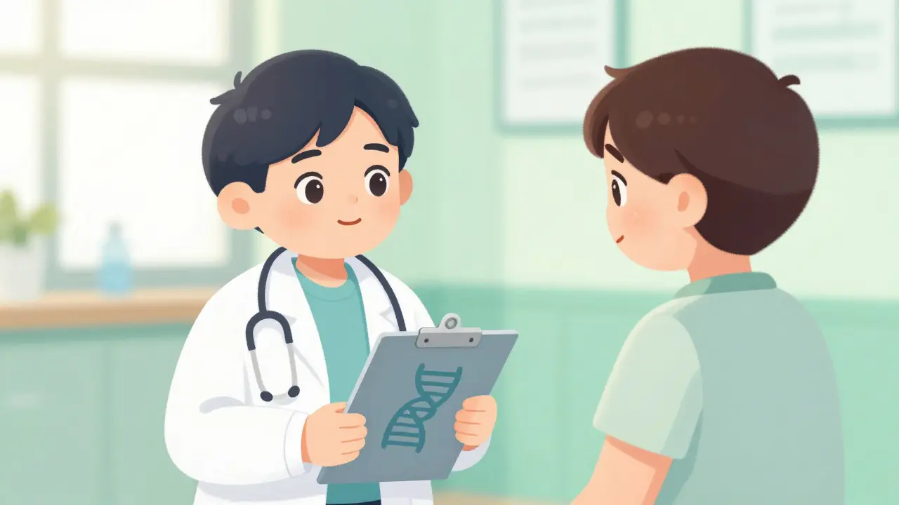 Doctor consulting patient with DNA symbol on clipboard