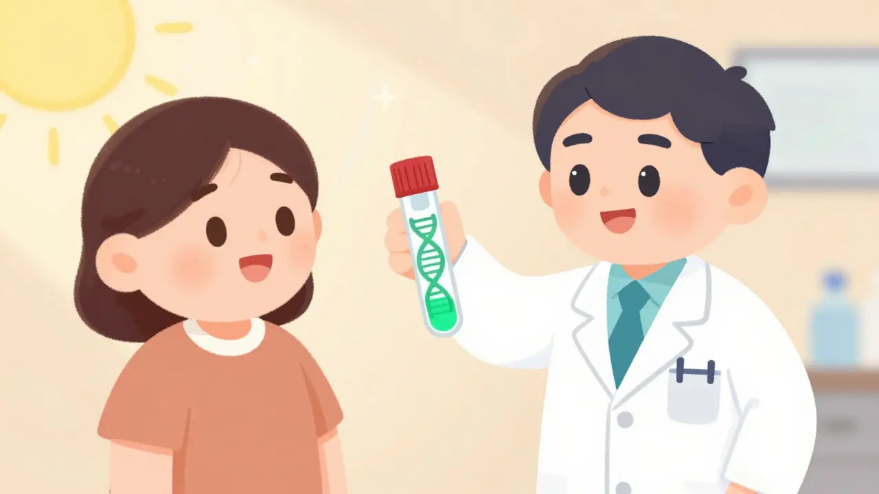 Doctor showing patient a glowing genetic test tube.