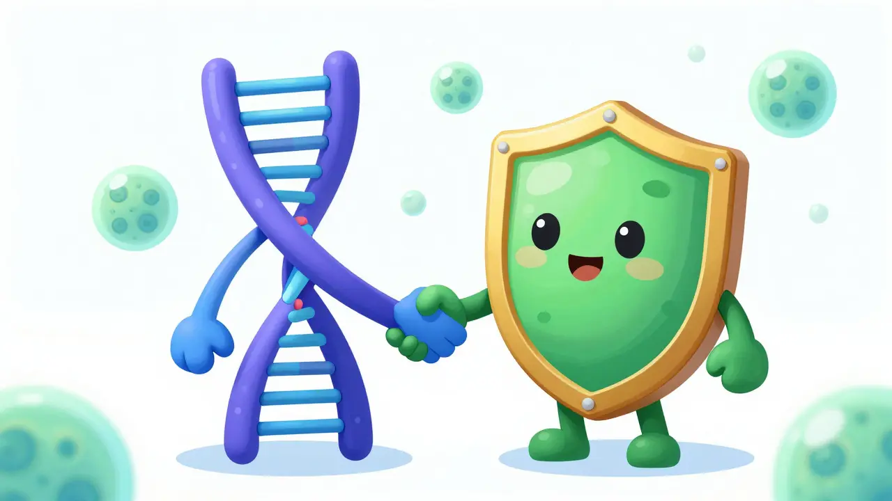 Friendly DNA helix interacting with a molecular enzyme shield.