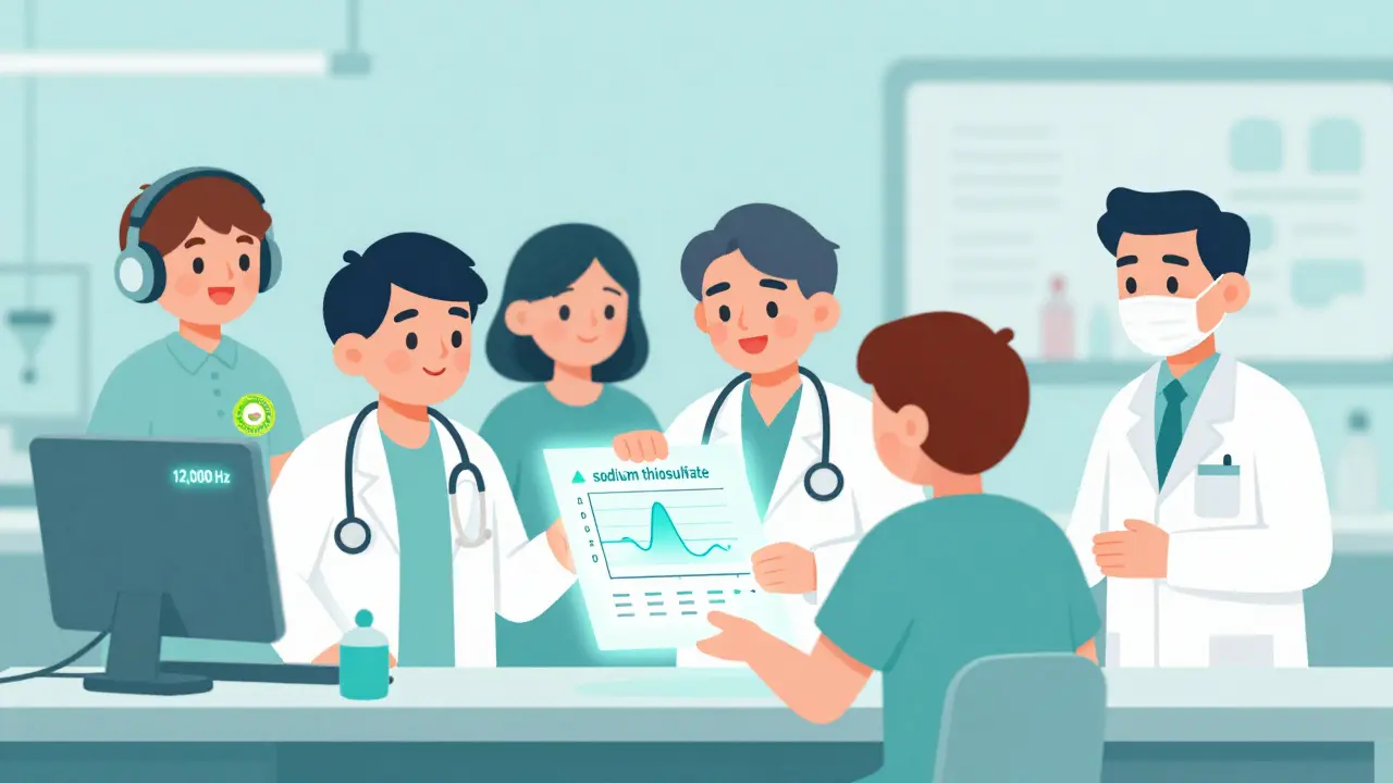 Medical team celebrating improved hearing protection for a child using a new protective treatment.