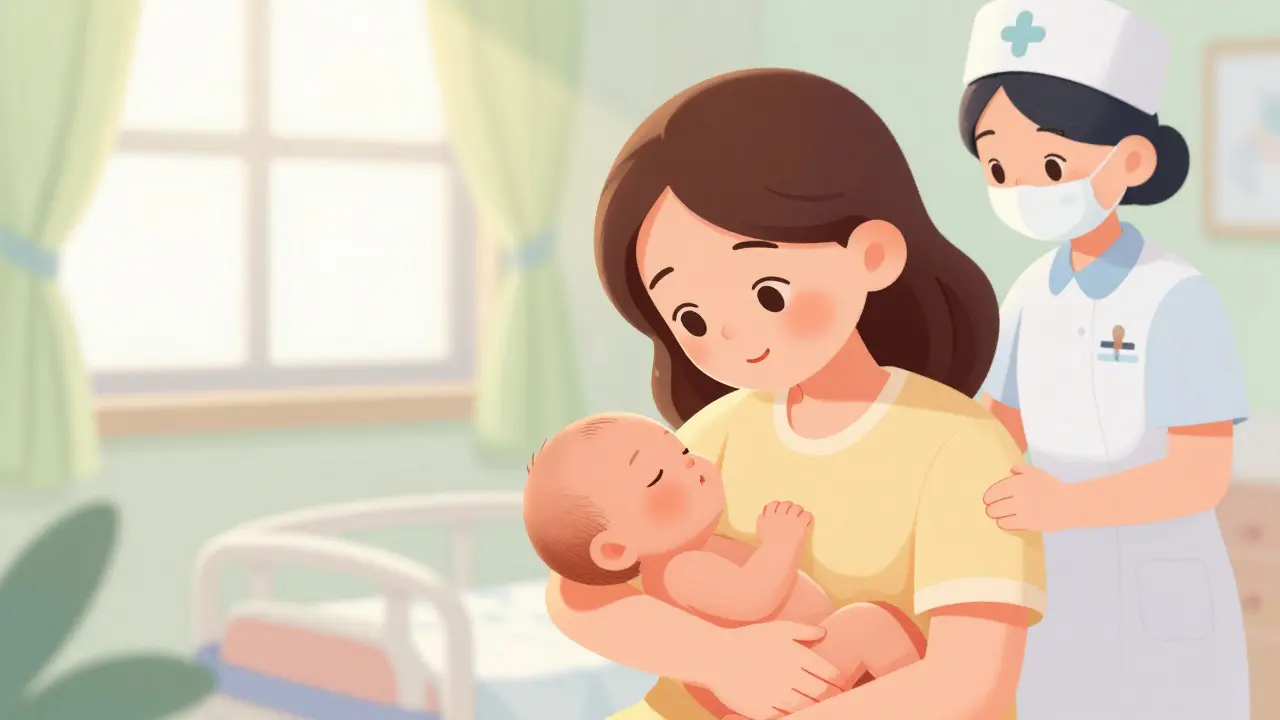 Mother holding newborn skin-to-skin in a hospital room