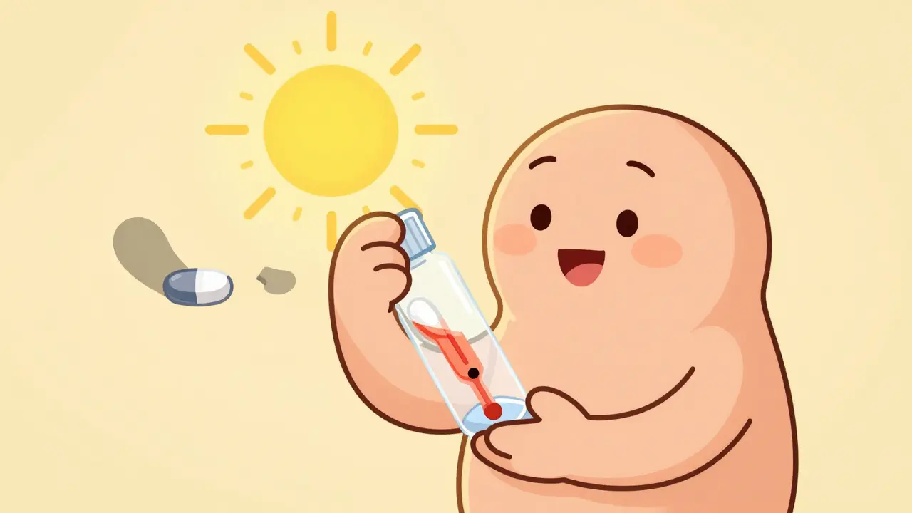 Patient taking liquid thyroid medication at sunrise, with absorption shown as glowing lines entering the bloodstream.