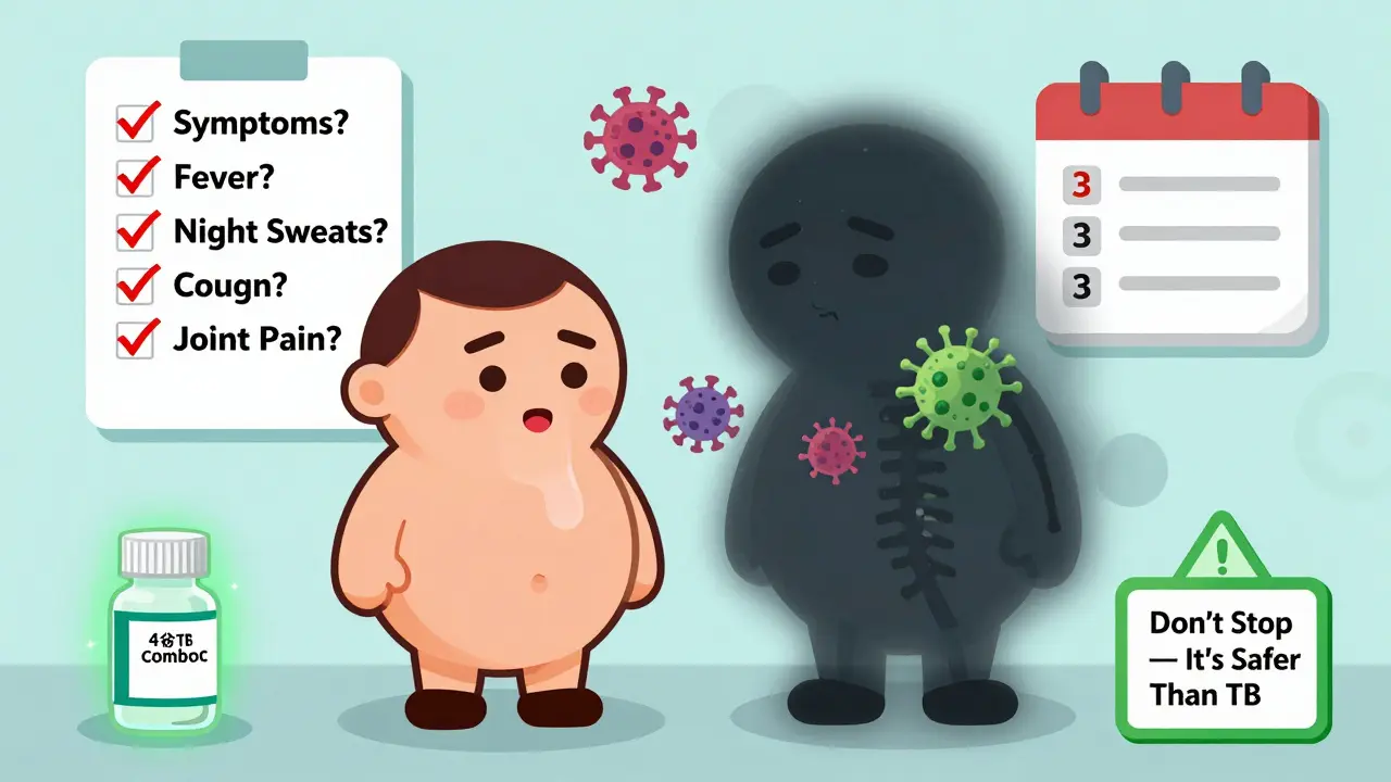 Patient with TB symptoms and shadowy bacteria near joints, checklist for monitoring symptoms on wall.