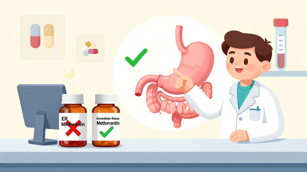 Pharmacist explaining pill alternatives, with diagrams showing extended-release versus immediate-release medications.