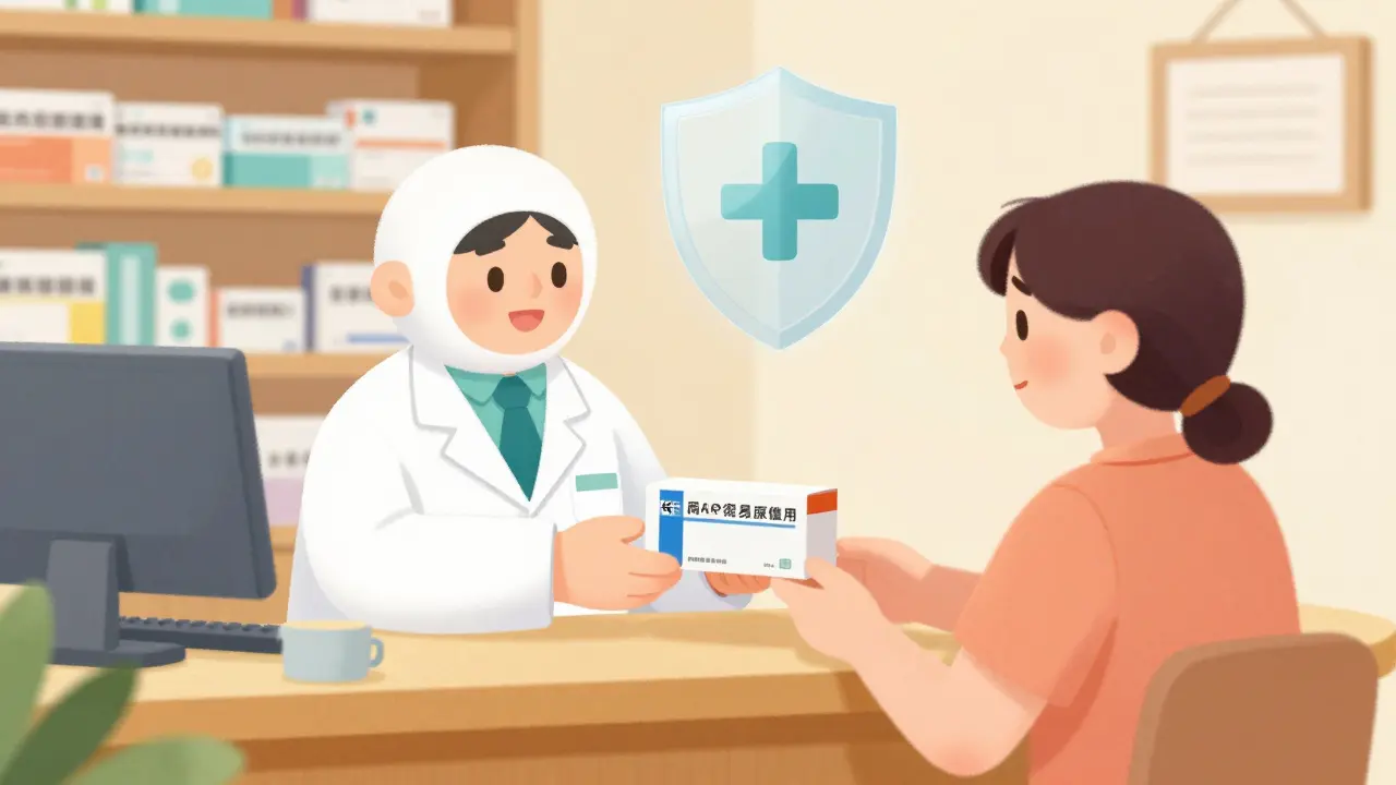 Pharmacist handing medicine to a smiling patient with a safety shield icon