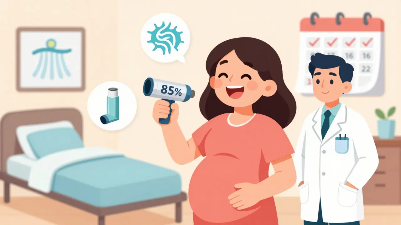 Pregnant woman with healthcare providers holding a peak flow meter, surrounded by asthma-friendly home icons.