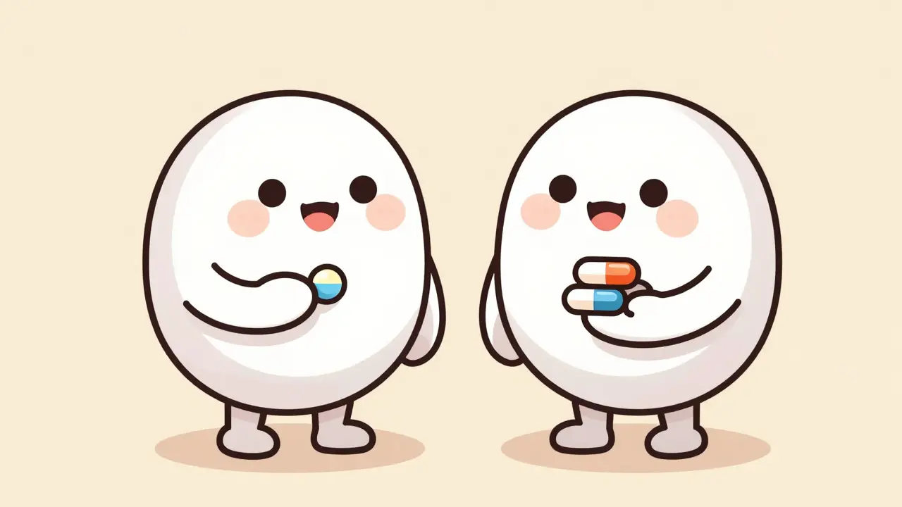 Two characters holding different amounts of pills representing dosage